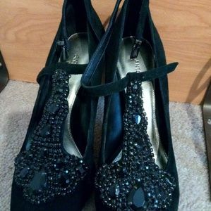 Antonio Melani black suede and gem T strap heels